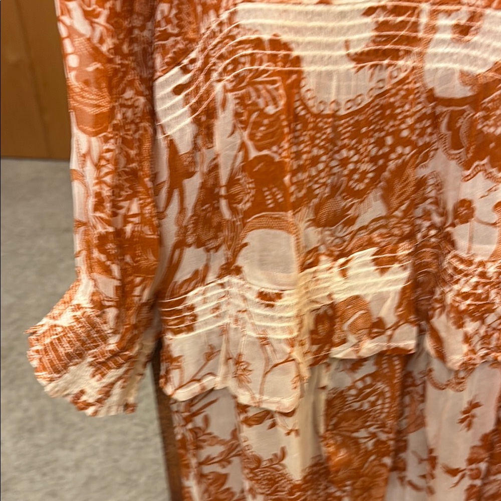 Anthropologie Burnt Orange and Cream Bohemian Tiered Long-Sleeve Dress - Picture 6 of 8